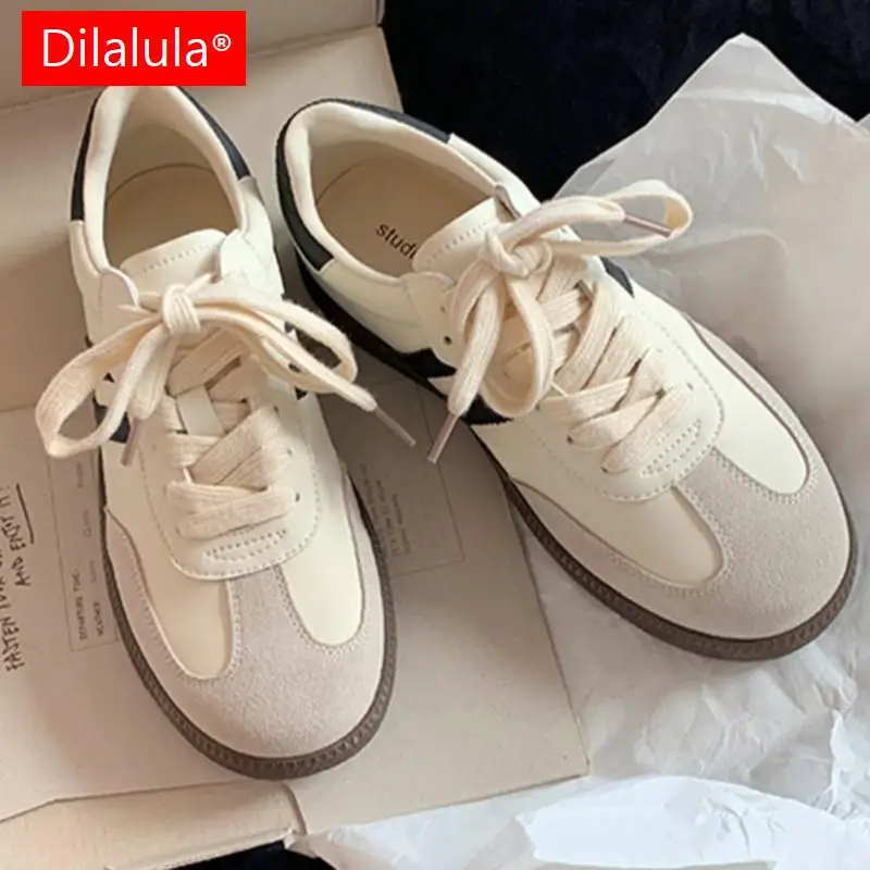 Dilalula Women Genuine Leather Sneakers Round Toe Flats Mixed Colors Sewing Ladies Fashion Lace-up Walk Shoes Spring Autumn 2024