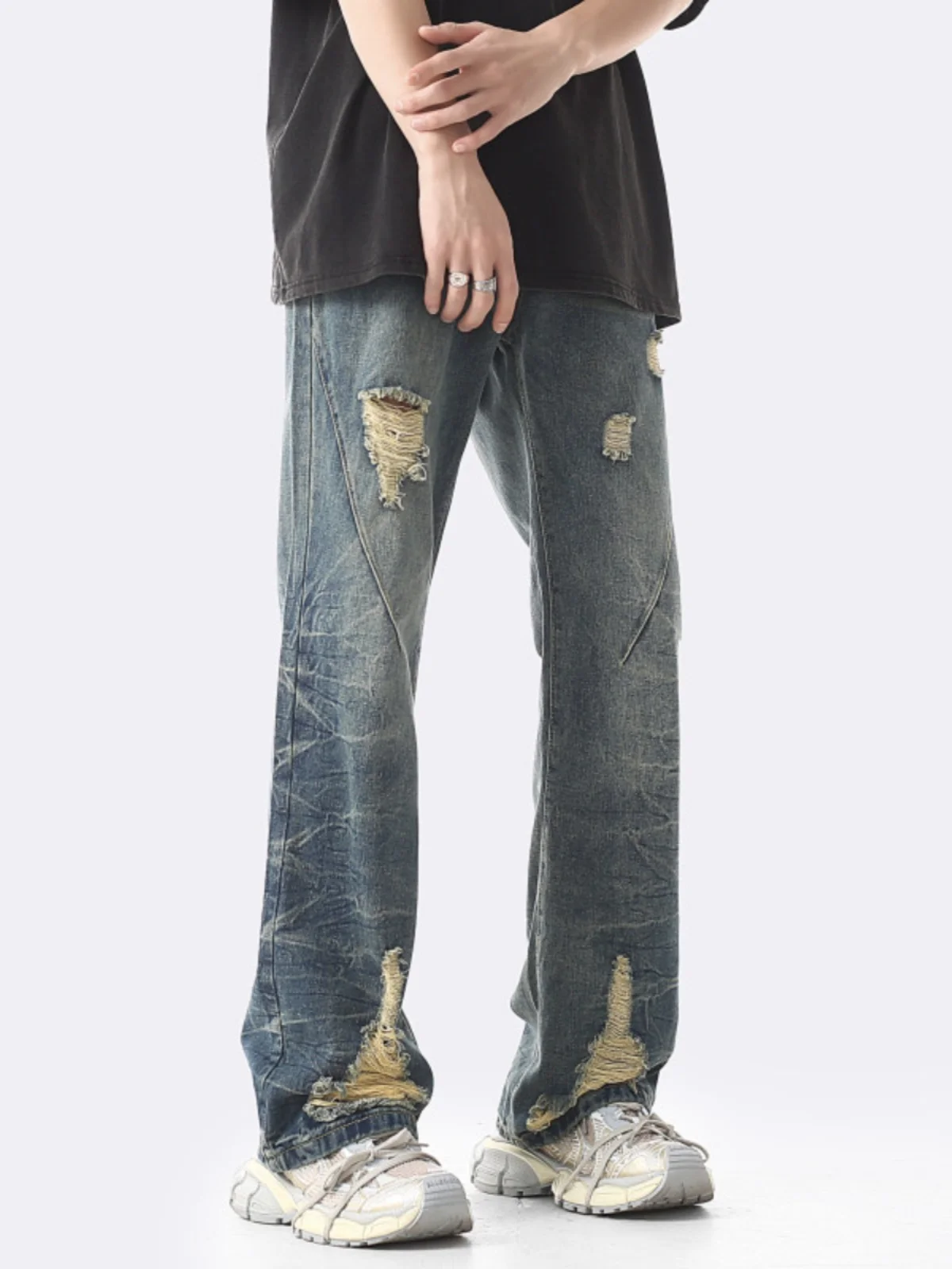 

Мужские джинсы в стиле американского хип-хопа, прямые, с эффектом потертости, удлиненные, молодежные, модные