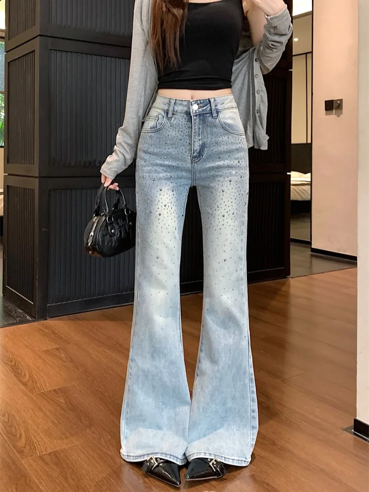 

Американские женские джинсы с высокой талией, украшенные стразами, весенний дизайн, прямой крой, слегка расклешенные, повседневные, модные, в стиле ботинок