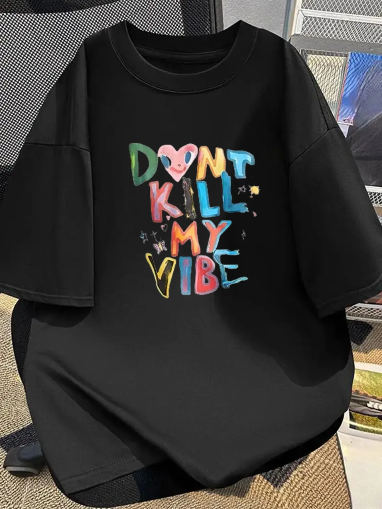 ملابس نسائية "Don't Kill My Vibe" بأكمام مطبوعة بأحرف ملونة كاجوال Harajuku بأكمام قصيرة ملابس كاجوال ملابس جمالية للشارع