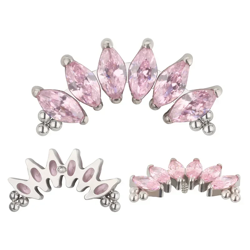ASTM F136 Titanium PIERC 6 CZ Marquise With Tri-bead Cluster Threaded Top Ear Cartilage Earrings Lip Ring Stud Piercing Jewelry