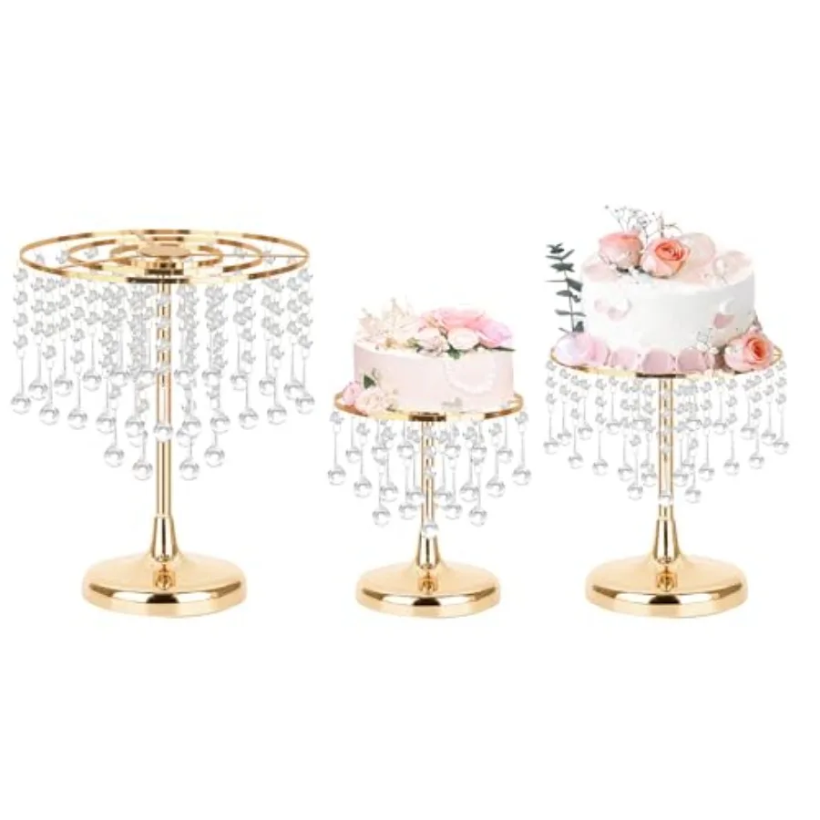 

3 Pcs Crystal Gold Cake Stand with Elegant Pendant -Round Metal Dessert Cake Holders, Cupcake Stand for Party (S+M+L)