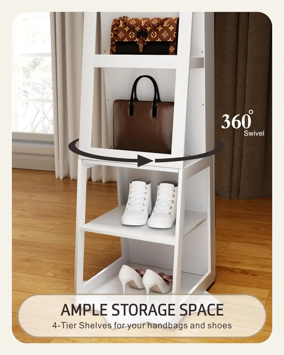 360 ° Swivel Jóias Cabinet com Espelho, Standing Mirror, Jewelry Storage Organizer, Full Length