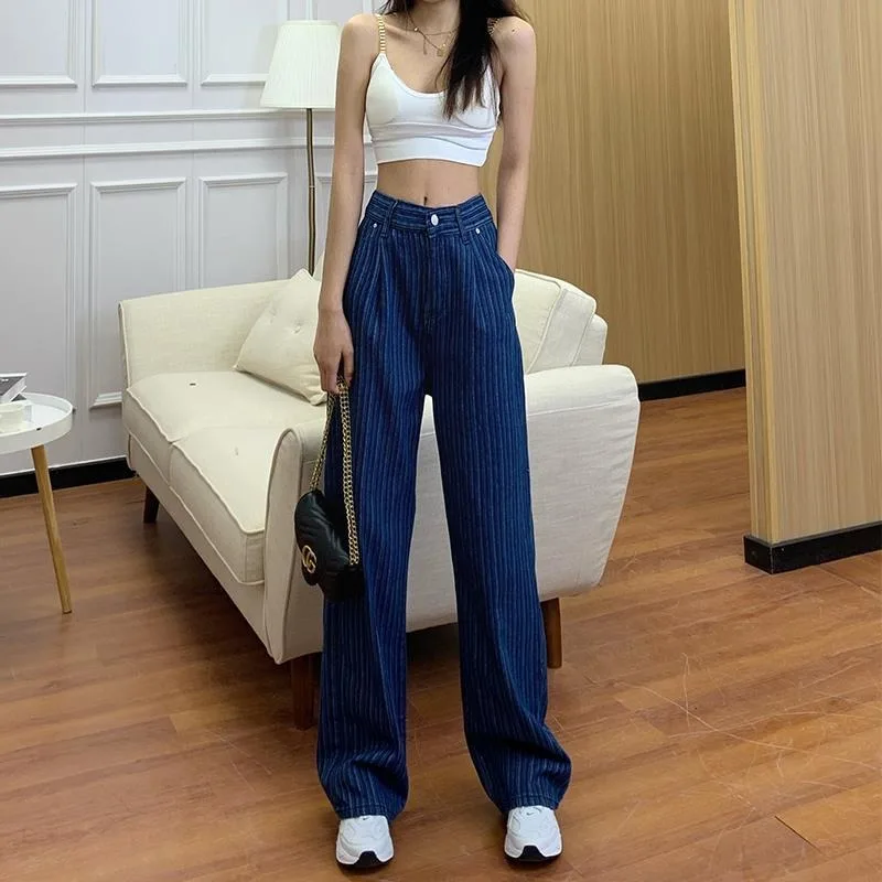 

High-waisted Wide-leg Jeans Women Straight Loose Spring Summer New Striped Slim Casual Floor Trousers