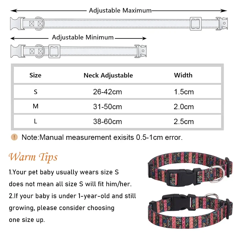 Retro Printed Dog Collar Adjustable Floral Pattern Necklace with Quick Release Buckle for Small Medium Large Dog Walking Running