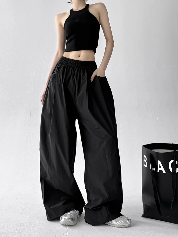 กางเกงขายาวทรงหลวมเอวสูงผ้าบางแห้งเร็วสำหรับผู้หญิง ฤดูร้อน 2025 สไตล์ลำลอง ผ้าผสมคอตตอนใส่สบาย