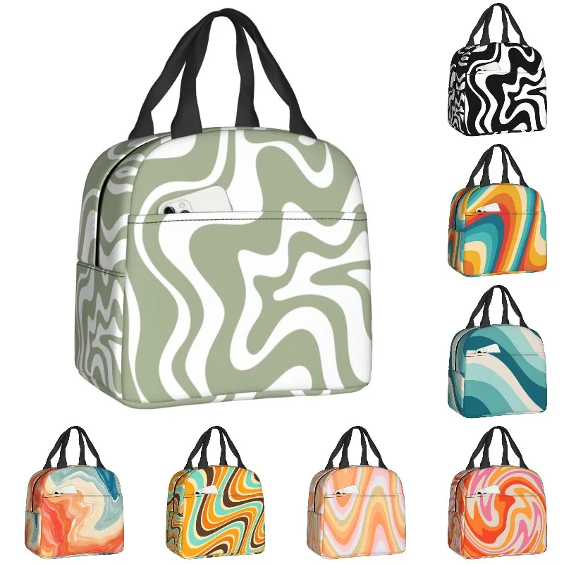 Sac à lunch isotherme en vert sauge, motif abstrait liquide, glacière d'art géométrique, boîte à bento thermique pour femmes, sacs de nourriture pour enfants