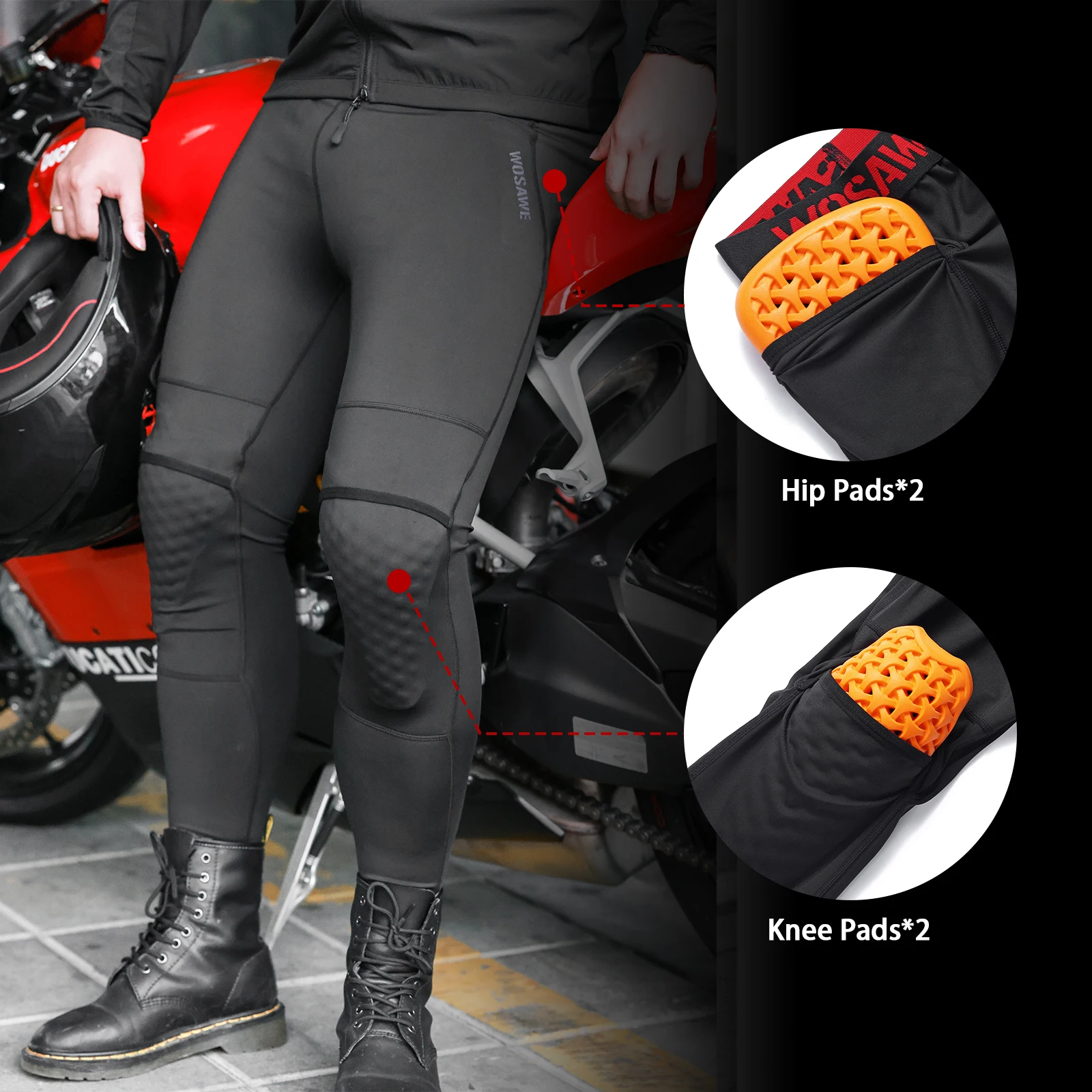WOSAWE Motorcycle Compression Pants with Remove Knee Pads Breathable Motocross Motorbike Riding Trousers Base Layer