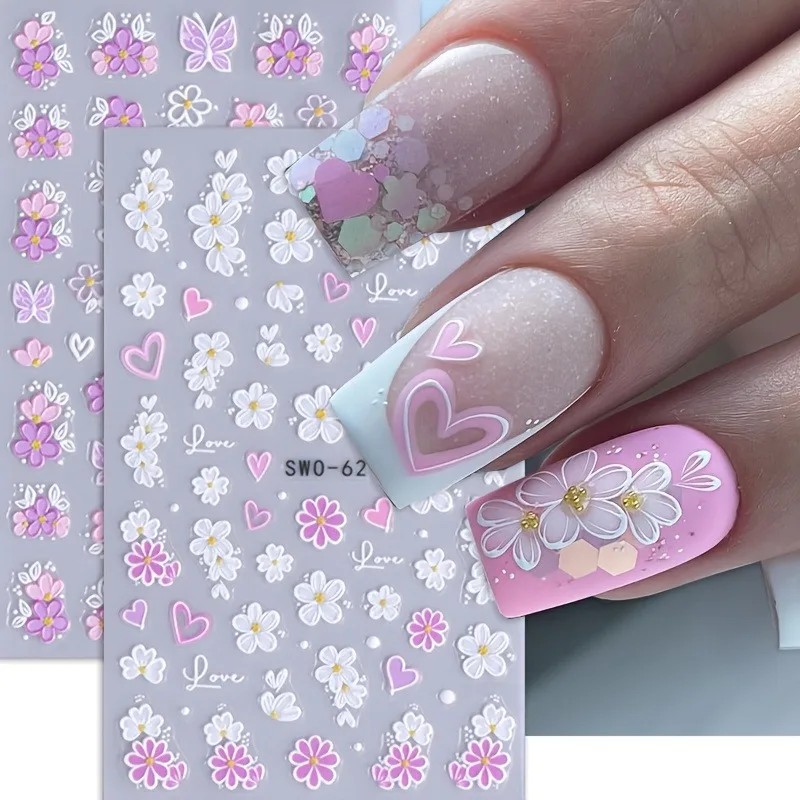  2PCS Spring/Summer flower relief nail stickers, easy to apply for DIY nail decoration, gifts, party and wedding makeup styling