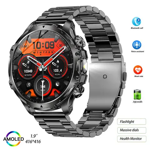 AK75 스마트 워치 남녀공용 야외 스포츠 손목시계, 700 mAh 대용량 배터리, LED 손전등 스마트워치, 2024 피트니스 손목시계