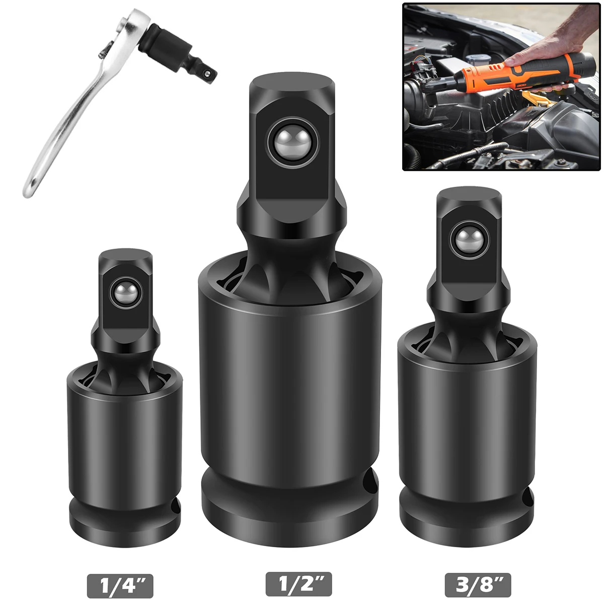

3Pcs 360Degree Swivel Socket Set Cr-Mo Steel Swivel Knuckle Joint Air Impact Wobble Retractable Socket Adapter 3/8in 1/2in 1/4in