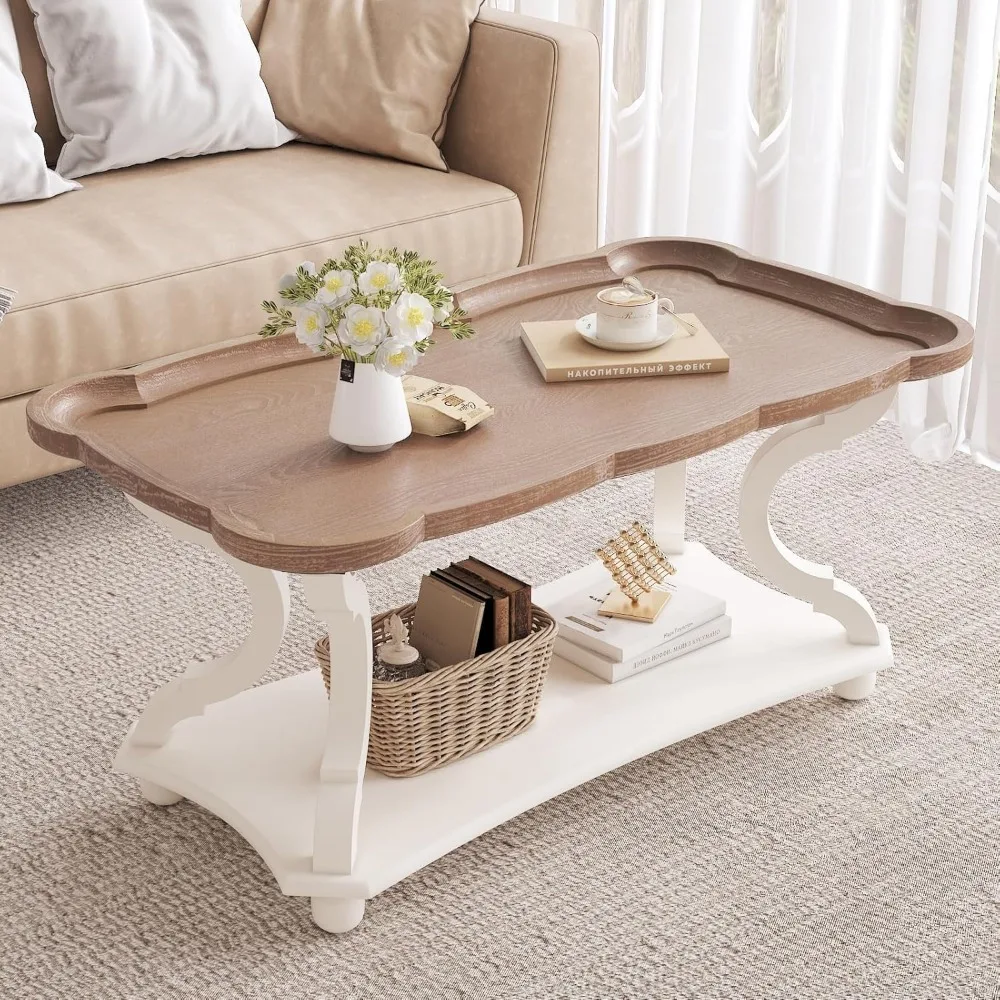 Farmhouse Coffee Table, Rustic White Cocktail Table with Storage Shelf, Sofa Table with Natural Tray Top and Carved Legs for Li