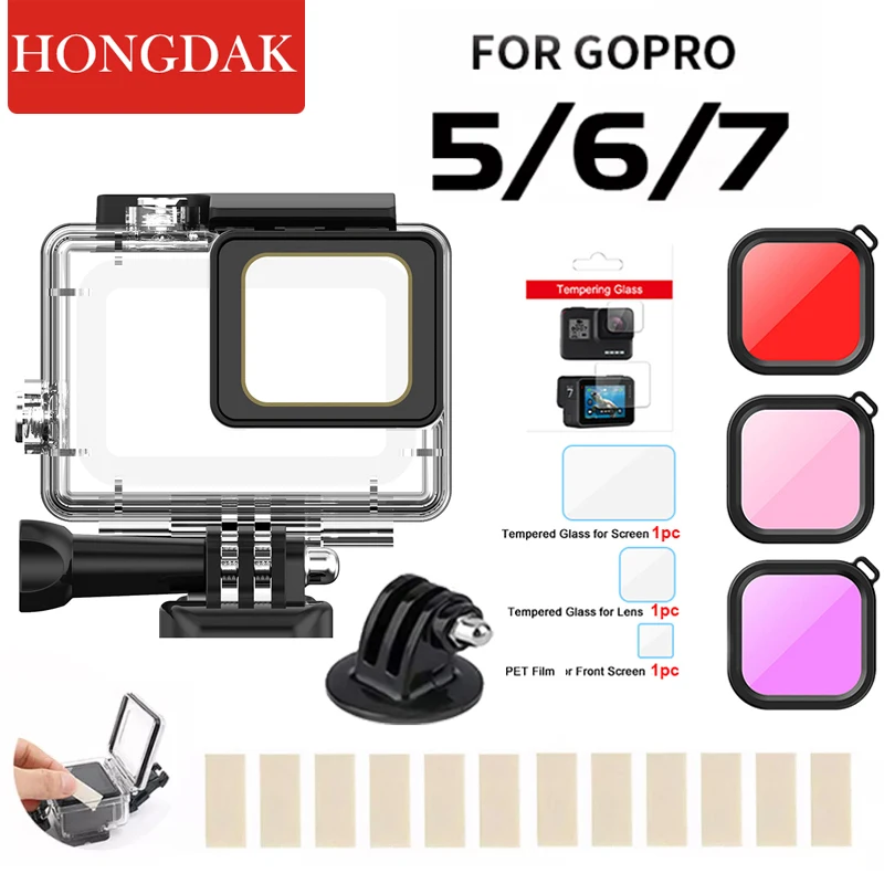 Hongdak 60m mergulho subaquático caso à prova dwaterproof água para go pro gopro 5 6 7 herói preto capa protetora habitação montagem para gopro 5 6 7