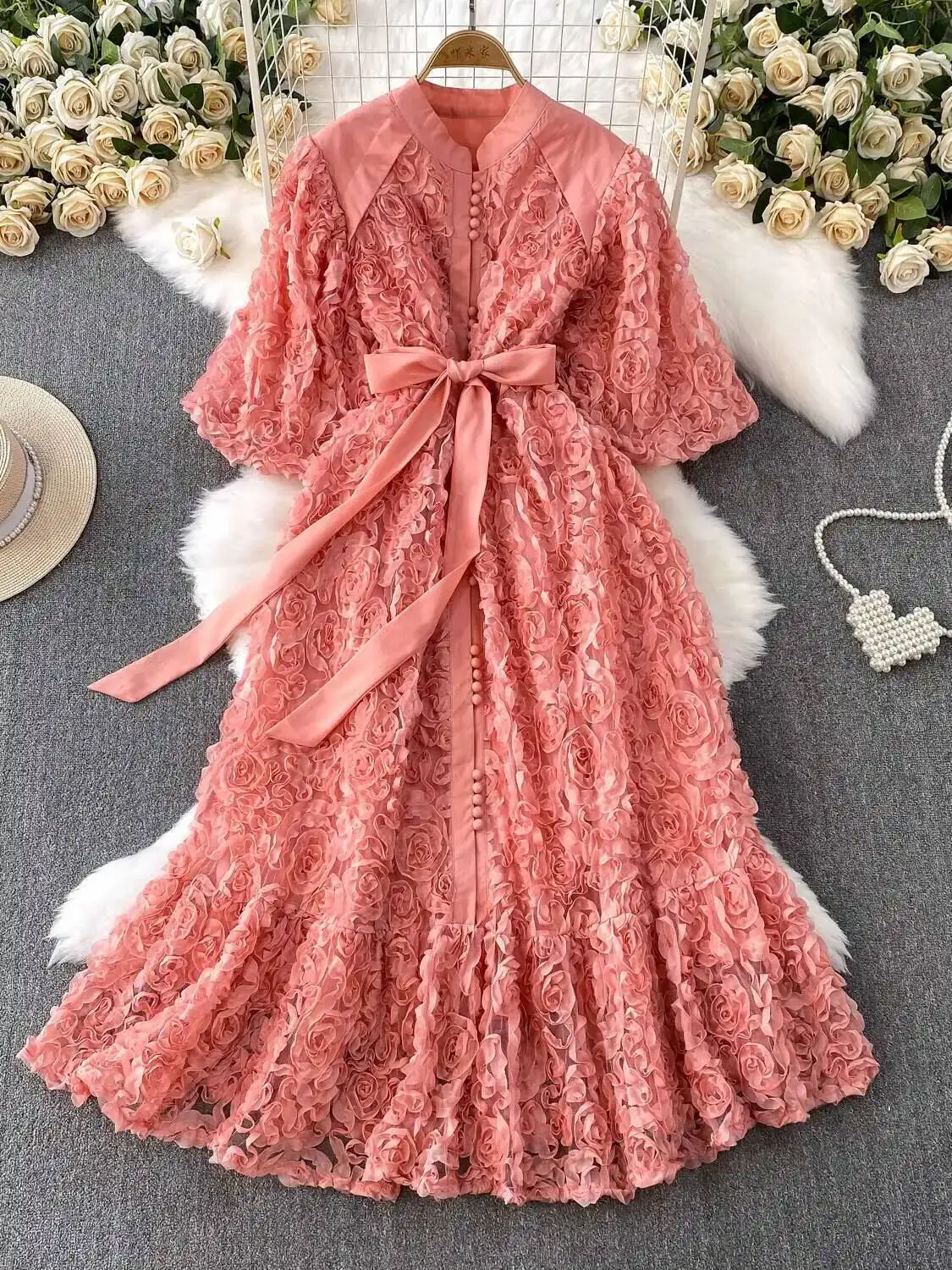 frill embroidered maxi dress product info and reviews Brown Floral Embroidered Dress – Sweetheart Neckline Maxi main image 0