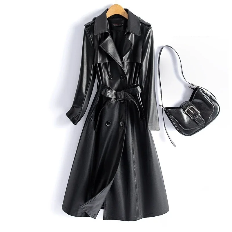 2025 streetwear lederen trenchcoat dames x-lange windjack lente herfst double-breasted sjerpen slanke pu lederen bovenkleding