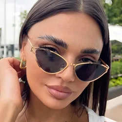 Brand Small Cat Eye Sunglasses Women Luxury 2042 Unique Metal Frame Brown Sun Glasses Trendy UV400 Eyewear Shades Vintage
