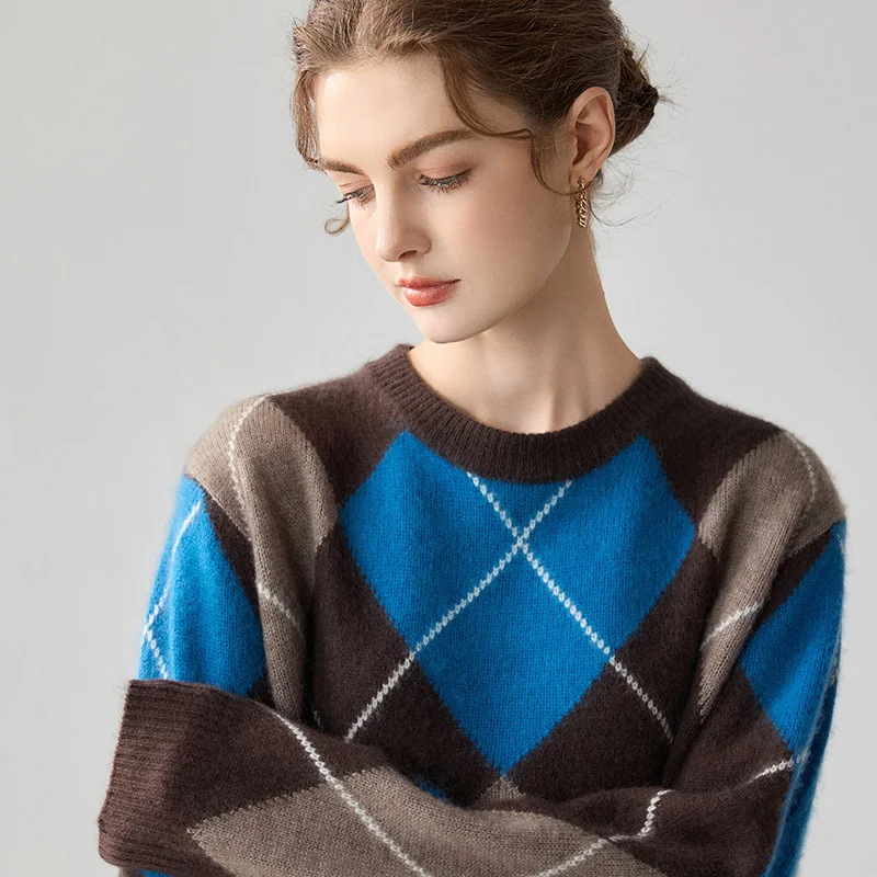 Retro Lazy Loose round neck Diamond  Knitwear Womens Autumn Winter Thick Cashmere Overhead Color Block Knitted Top 100% Percent