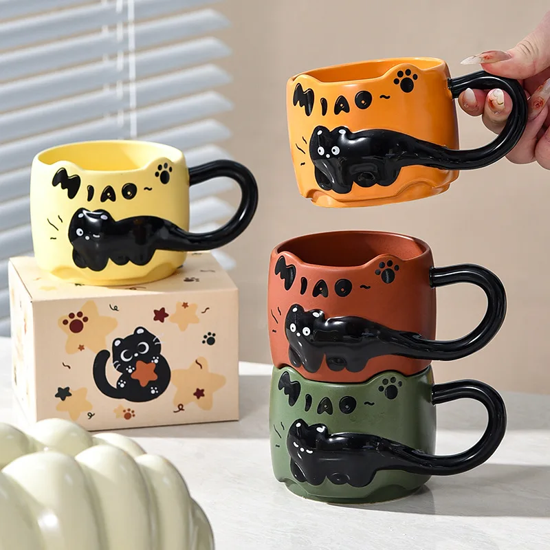 380ml Ceramic Coffee Mug with 3D Black Cat Design, Gift Box Packaging, Microwavable Water Cup Milk Mug