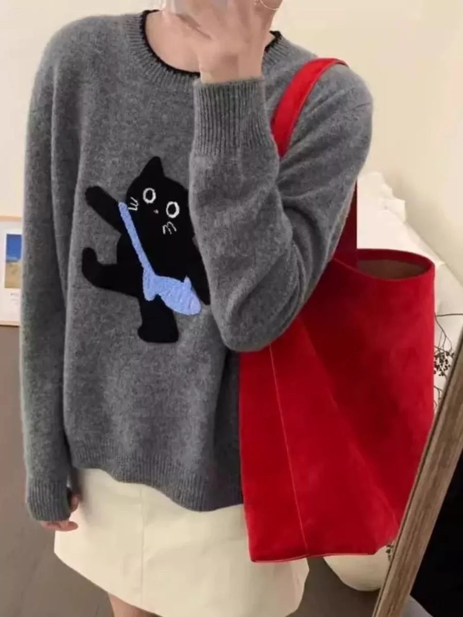 かわいい猫プリントセーター女性の秋冬ソフトニットプルオーバー多用途カジュアル暖かいベースレイヤートップ漫画ジャカードニットウェア