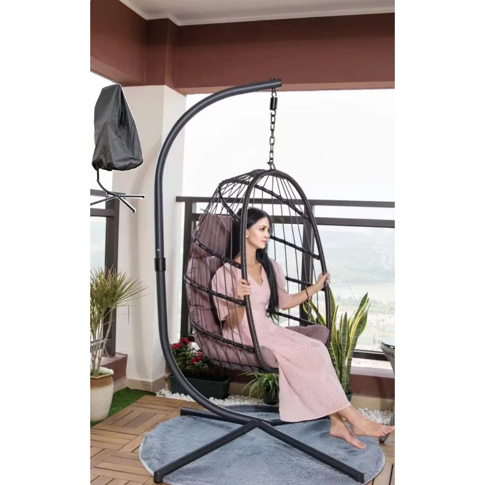 Egg Chair with Stand, 450lbs Capacity Patio Wicker Hanging Swing Chair with Foldable Seat Basket, Egg Chair