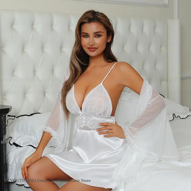 

Wedding Mesh Robe Nightgown Set Sexy Patchwork Lace Nightdress Nightwear Spring Summer New Women Sleepwear Home Dress Loungewear