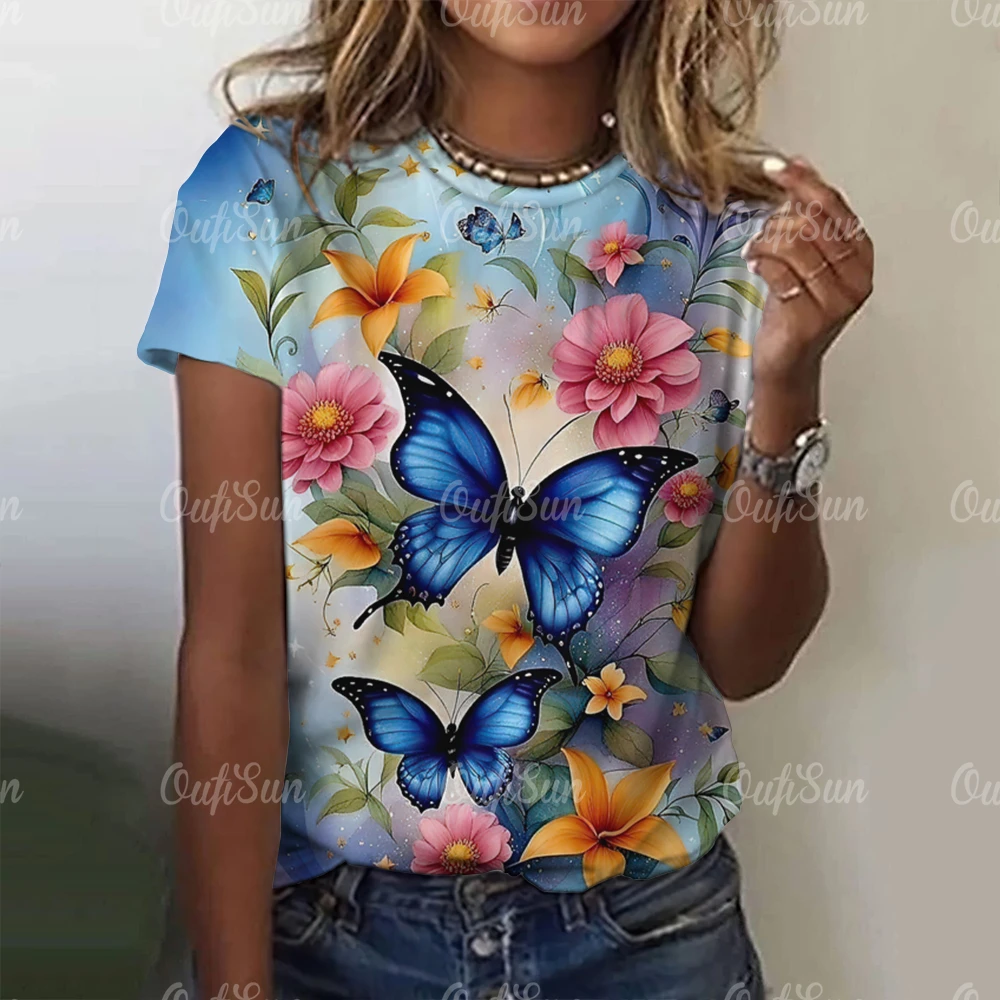 Women Oversized T-Shirts Butterfly Print Fashion Tee For Woman Basic Casual Ladies Top 2024 Fashion Beauty Female Blouse Clothes