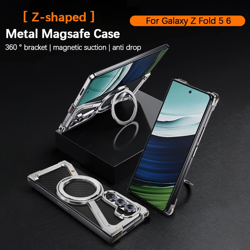 For Samsung Z Fold 6 5 Aluminum Alloy Frame 360° Magnetic Holder Magsafe Case For Galaxy Z Fold 5 6 Metal Frameless Bumper Cover