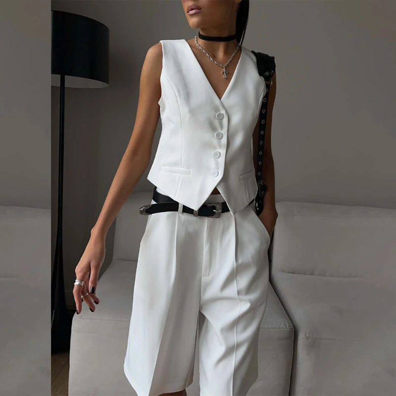 Chic Office Ladies Vest Suit Summer New British Style V-Neck Vests + Straight Knee Length Pants Women Two-Piece Set