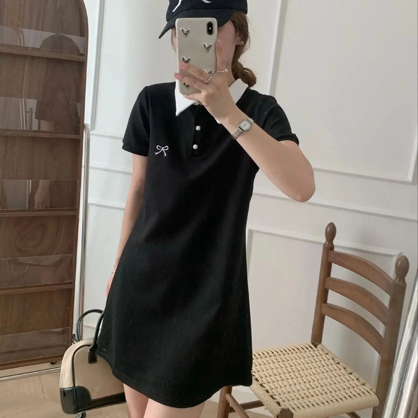 Bow embroidered polo collar dress European 2024 summer casual contrast color t-shirt dress trendy women