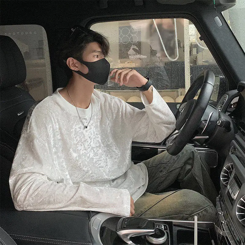 Men's Velvet Long Sleeve T-shirt Spring New Korean Casual Fashion Loose Solid Color Simple Male 7XL Round Neck Tops