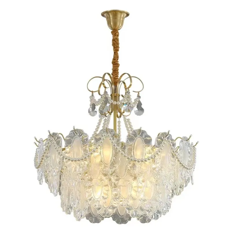 

French light luxury crystal skirt glass living room headlight simple romantic pearl decoration cream