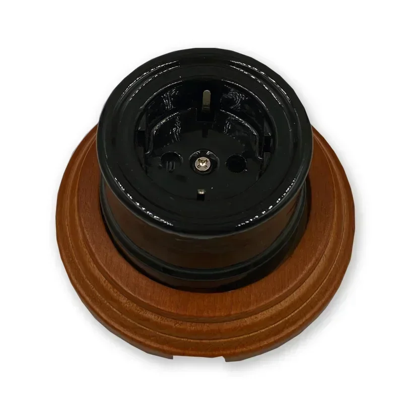 Home Improvement Retro Ceramic EU Electrical Wall Socket 1-3 Hole Wooden Base European Style Wall Outlet