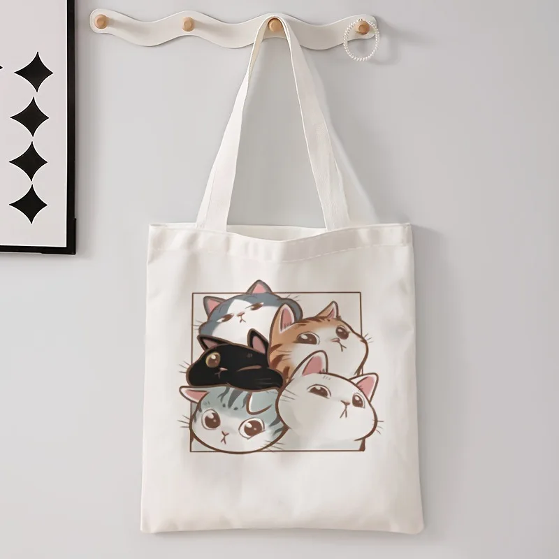 

Cartoon Cat Canvas Shoulder Bag Cute Cat Women's Casual Tote Handbag Daily Outfits Shopping Travel Reusable Eco-friendly Bag