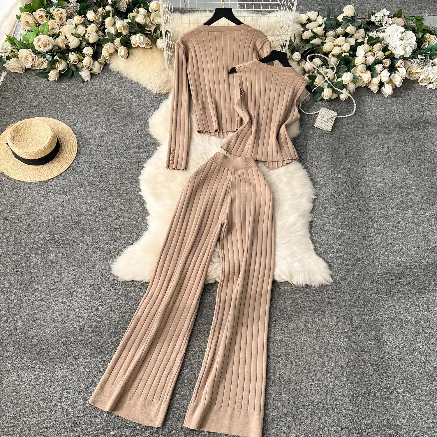 New 2024 Spring Korean Casual 3 Piece Suits Women\'s Knitted Cardigan Coat + Vest Tops + Wide Leg Pants Fashion Three Piece Sets