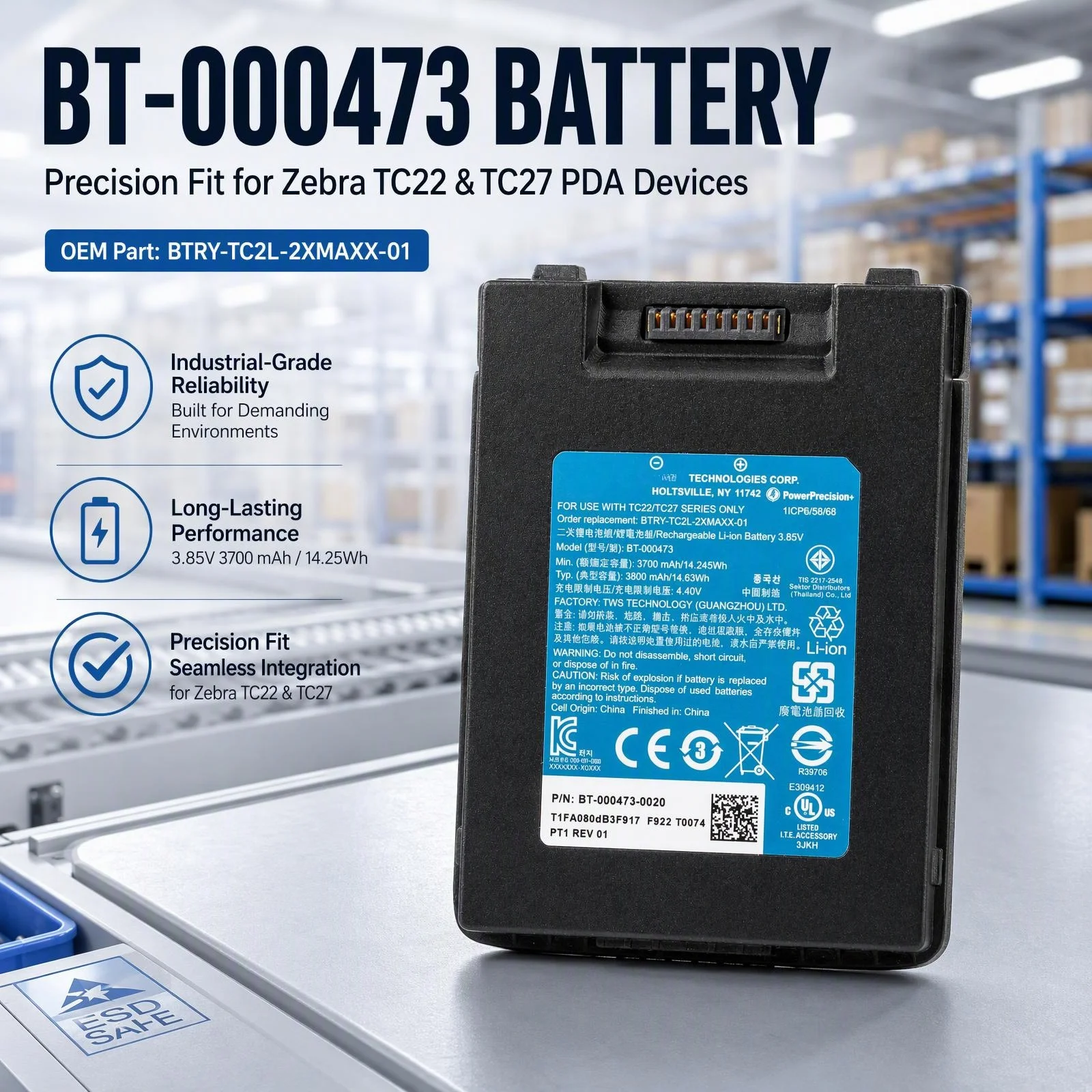3700mAh BTRY-TC2L-2XMAXX-01 BT-000473 Replacement Battery Compatible with Zebra TC22 TC27 PDA Mobile Computer