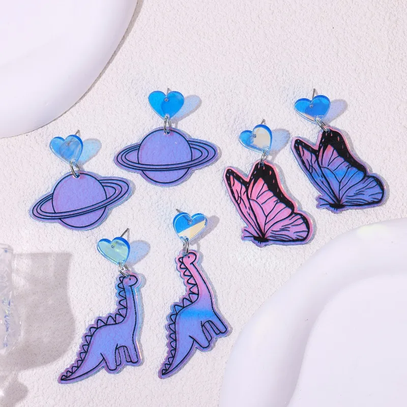 2D Flat Cartoon Butterfly Dinosaur Planet Love Acrylic Drop Earrings Y2K Aesthetic Iridescent Dangle Earrings for Women Jewelry