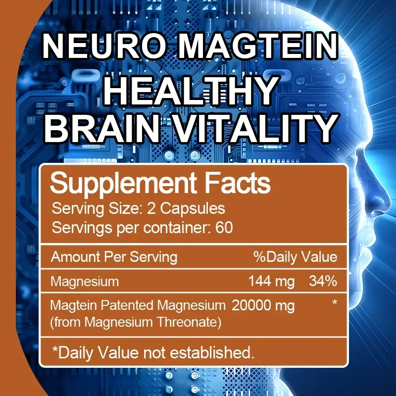 Magnesium L-Threonate, Memory, Focus & Overall Cognitive Performance, Relieves Fatigue, Boosts Brain Power, Vegetarian Capsules