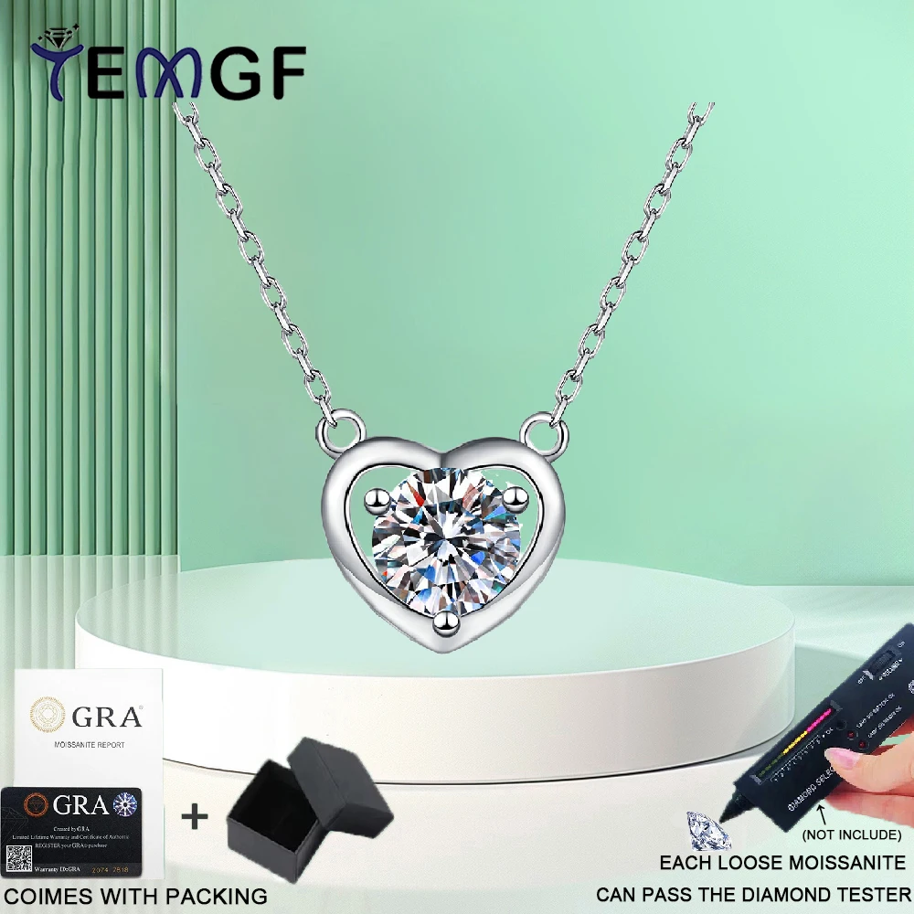 

TEMGF S925 Sterling Silver Necklace 6.5mm Moissanite/Zircon Inlay Hollowed Heart-shaped Pendant for Women Romantic Love Jewelry