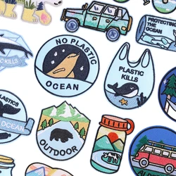 Embroidered Patches For Clothing Ocean No Plastic Dolphin Badges Iron Kids Anime Parche Letter Sew Stripes Animals Designer Blue