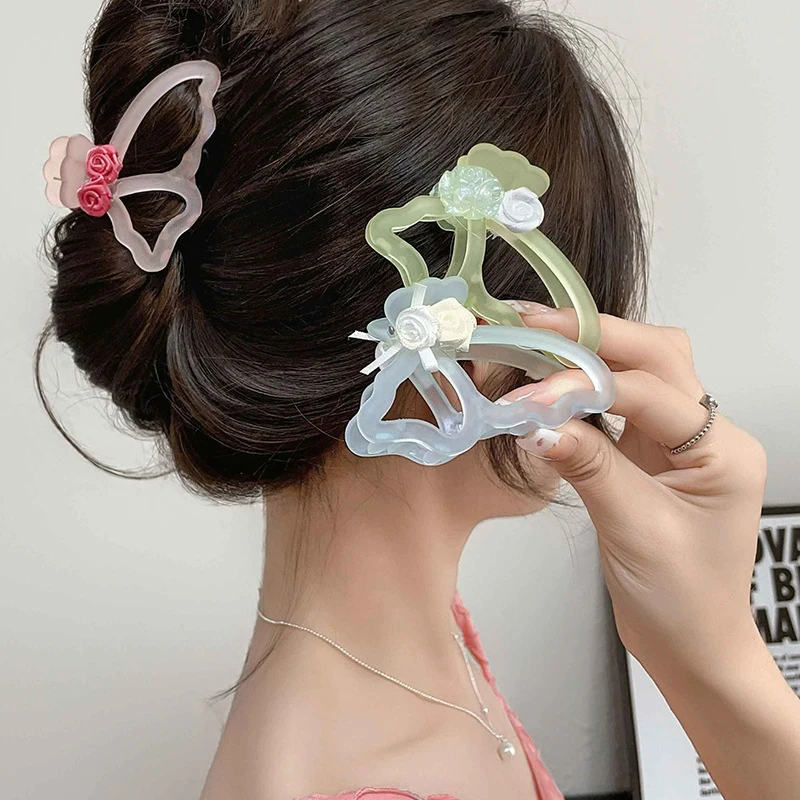 Roses Butterfly Hair Claw For Women Vintage Acrylic Frosting Fashion Hair Grab Sweet Daily High Ponytail Hair Accessories