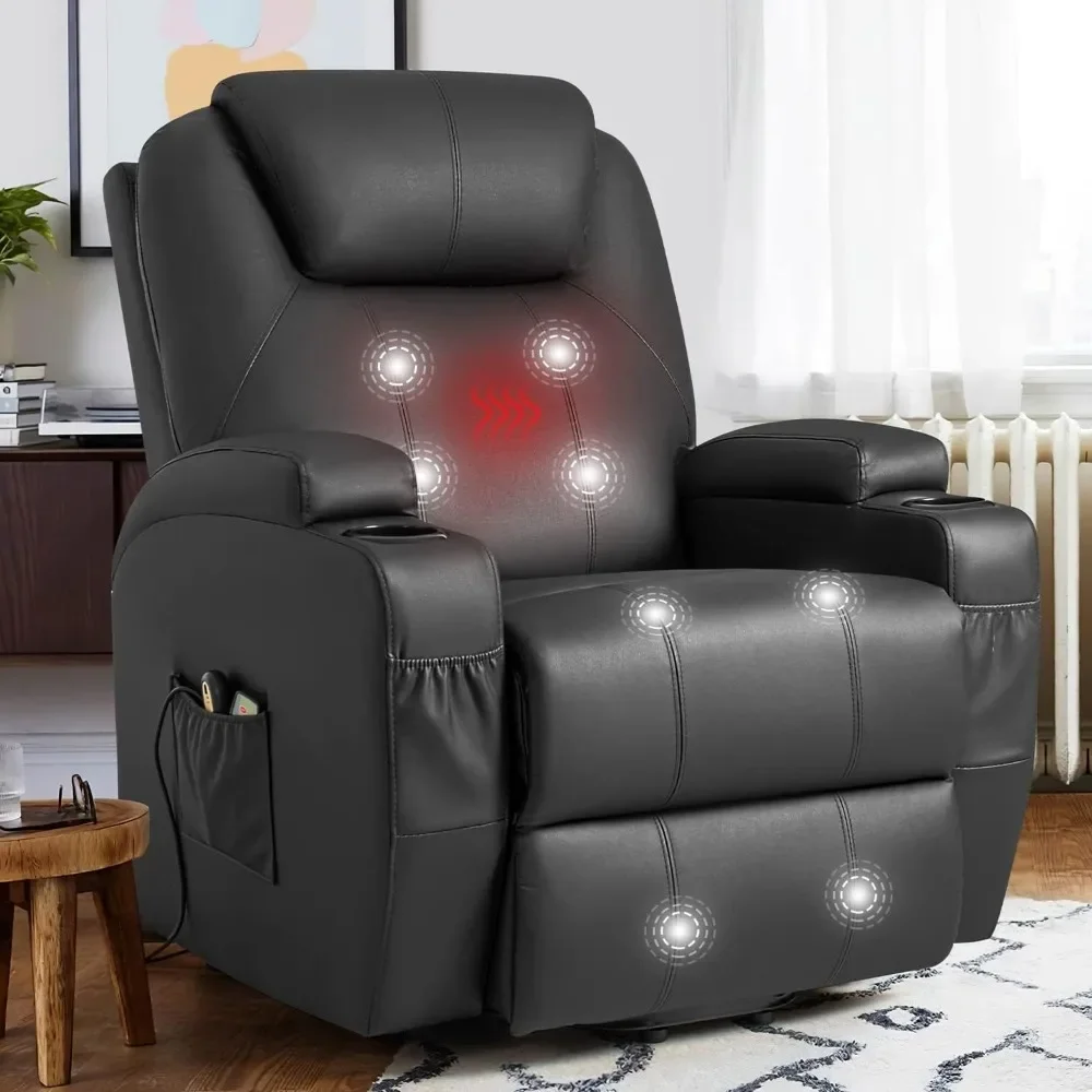 Power Lift Recliner Chair with Massage and Heating Functions, PU Leather Sofa with Remote Control and Two Cup Holders