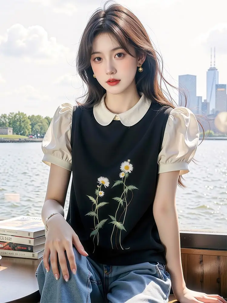 

Fake Two Piece Blouses Peter Pan Collar Puff Sleeve Flower Print Contrast Color Shirts Summer Fashion Sweet 2025 Women Clothing