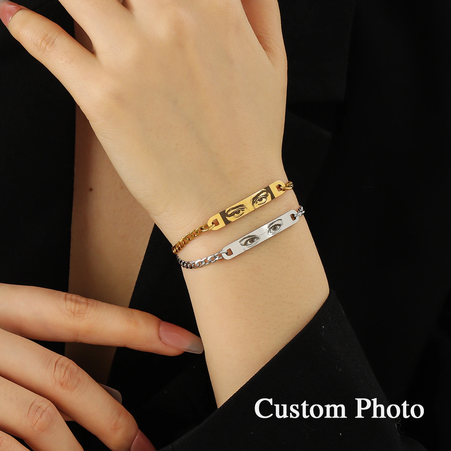 

Custom Eye Bracelet Engraved Photo Personalized Name Bracelet Stainless Steel Waterproof Jewelry Mother's Day Gift for Women