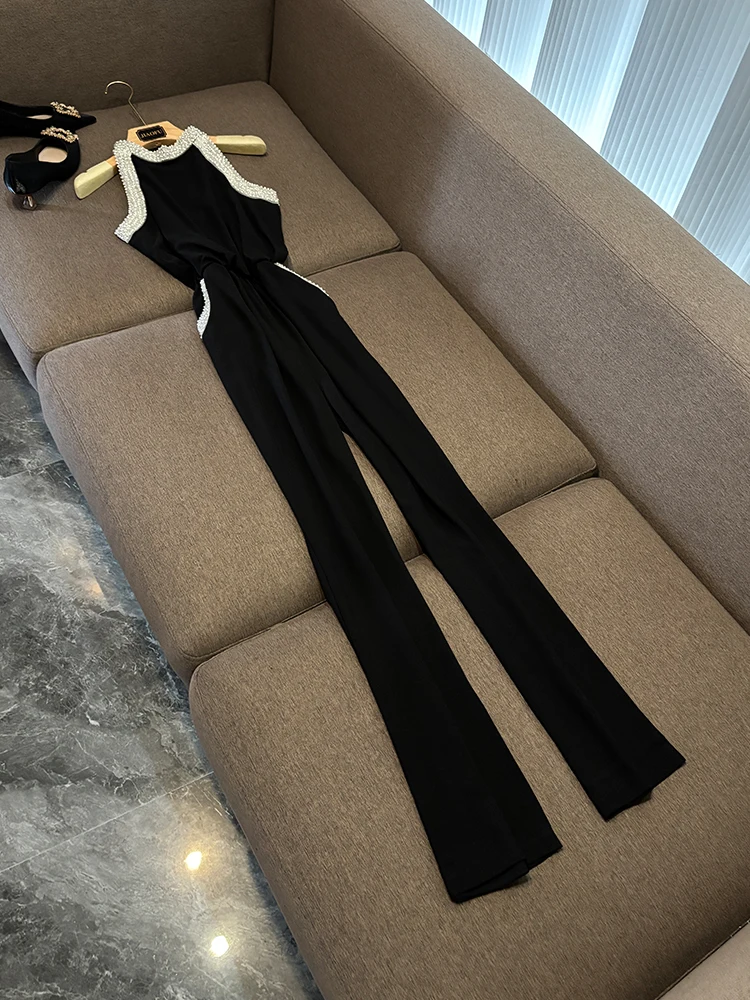 

Модный шифоновый цельный брючный костюм с тяжелыми бусинами, зимняя женская одежда с высокой талией, комплект из двух предметов