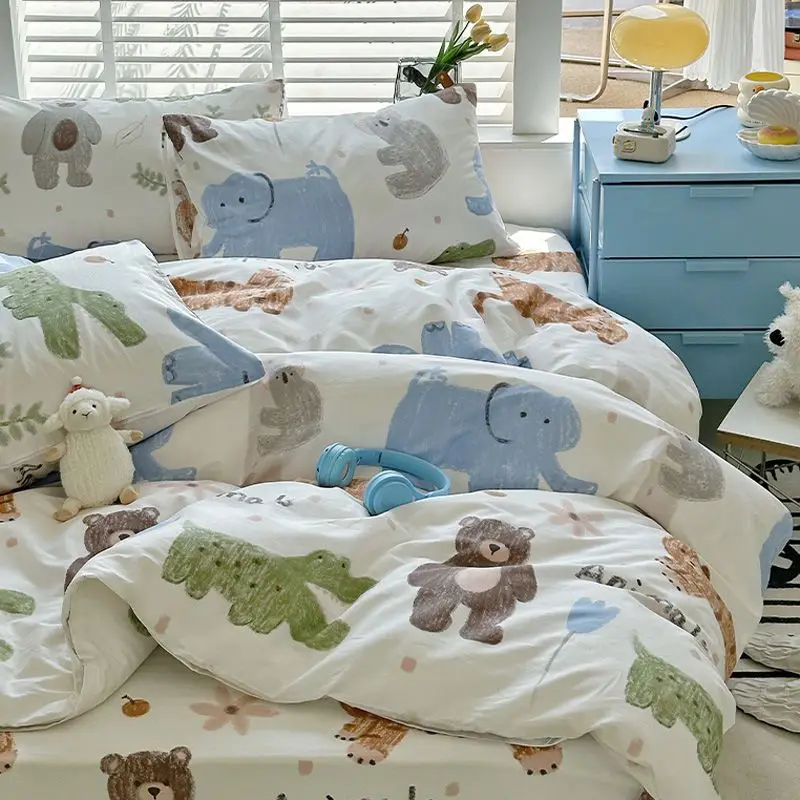 Cute Animals Bedding Set Ins Style Soft Duvet Cover Flat Sheet Pillowcase Twin Queen Student Home Hotel Comforter Cover