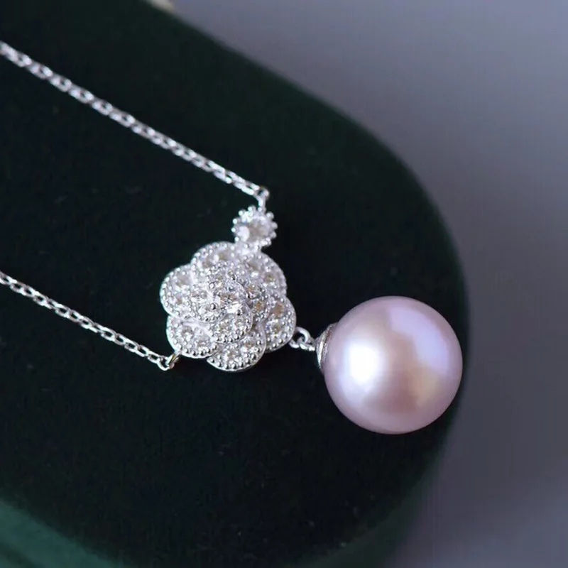 Korean-style fashion synthetic freshwater pearl shell beads CZ full-diamond flower-shaped pendant pure silver necklace for ladie