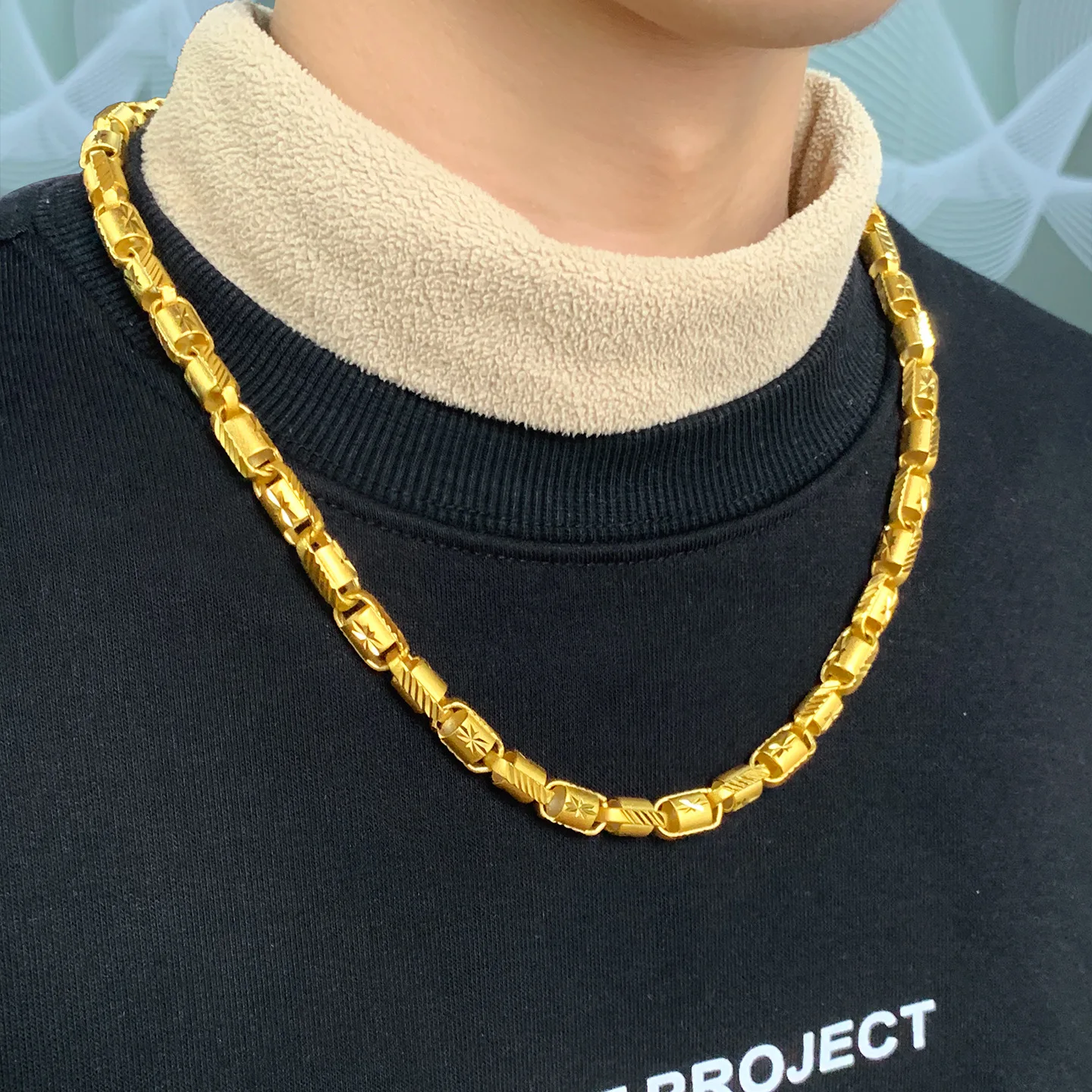 

Мужское ожерелье из чистого золота 9999 пробы с граненым дизайном «Звездный взрыв» 8 мм, массивная цепь, ювелирное изделие из настоящего золота 24K