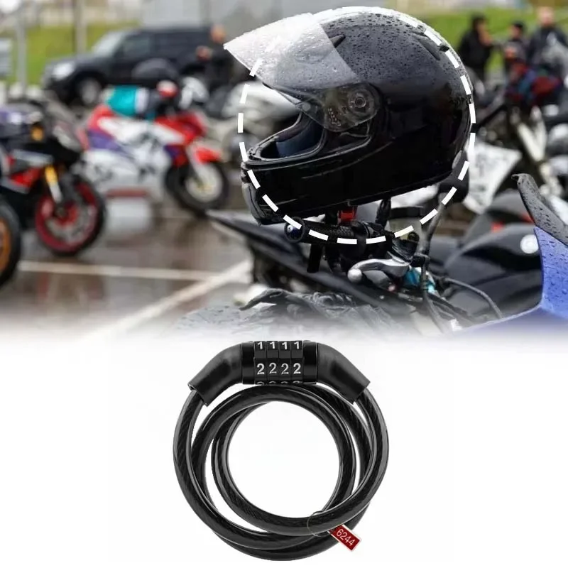 Motorcycle Bicycle Anti-Theft Chain 4-Digit Password Combination Helmet Lock Safety Portable Cable Lock Durable Wire Rope