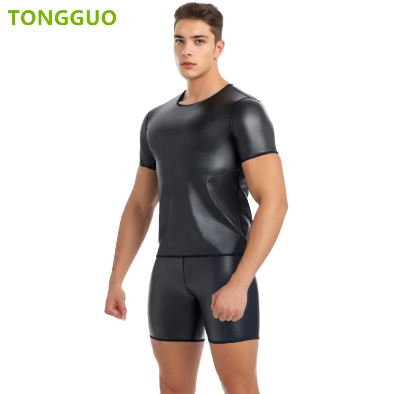 

Cool guy New Black Short Sleeve Leather Tshirt Slimming Underwear Body Shapers Waist Trainer Corsets Tummy Belly Shapewear Shirt
