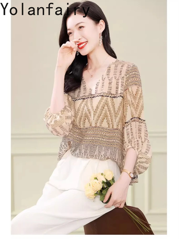 Yolanfairy blusas de seda amoreira 100% natural de alta qualidade para mulher elegante com decote em v impresso camisetas roupas femininas blusa femme